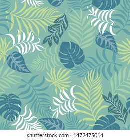 Tropical background with palm leaves. Seamless floral pattern. Summer vector illustration. Flat jungle print