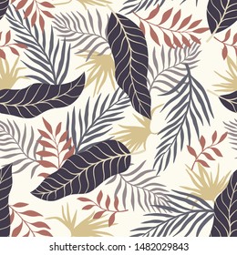 Tropical background with palm leaves. Seamless floral pattern. Summer vector illustration. Flat jungle print