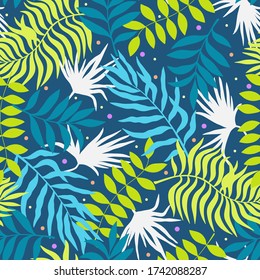 Tropical background with palm leaves. Seamless floral pattern. Summer vector illustration. Flat jungle print