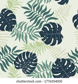 Tropischer Hintergrund mit Palmenblättern. Nahtlose Blumenmuster. Sommervektorgrafik. Flachdschungeldruck
