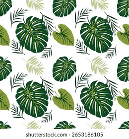 Tropical background with palm leaves. Seamless floral pattern. On transparent background. Summer vector illustration. Flat print with jungle image.