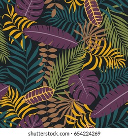 Tropical background with palm leaves. Seamless floral pattern
