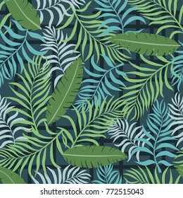 Tropical background with palm leaves. Seamless floral pattern with banana leaves. Summer vector illustration