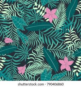 Tropical background with palm leaves. Seamless floral pattern. Summer vector illustration