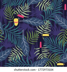 Tropical background with palm leaves and toucan birds. Seamless floral pattern. Summer vector illustration. Flat jungle print