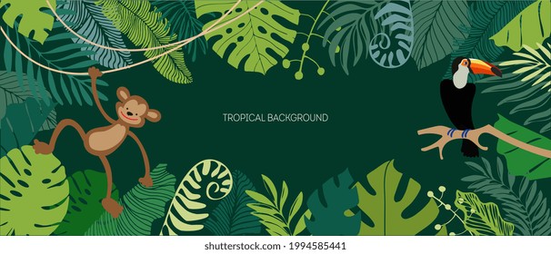 Fondo tropical con hojas de palma y animales salvajes. Ilustración de estilo plano.