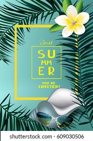 Tropical background with palm tree branches, seashell, sunglasses and flower. Vector illustration