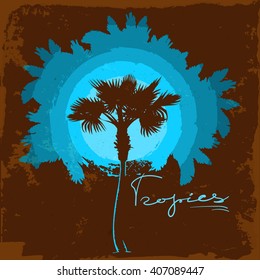 Tropical background. Palm tree silhouette on a bright spot. Vintage design. Cold palette. EPS10 vector illustration.