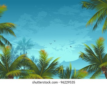 Tropical background with palm trees and birds