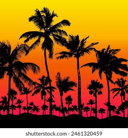 Tropical background, palm trees black silhouettes on gradient background, vector illustration.