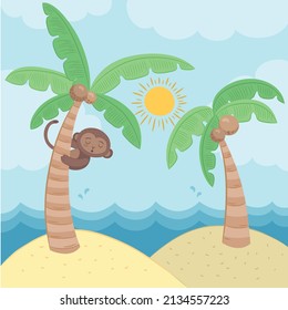 Tropical background with palm trees and cute monkey 