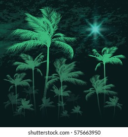 Tropical background with palm trees in moonlight