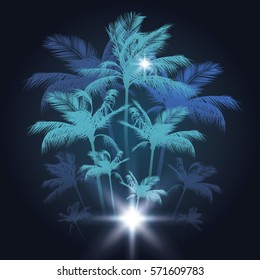 Tropical background with palm trees at night