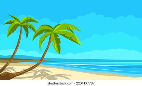 Tropical background, palm trees on the sandy beach, flat vector illustration.
