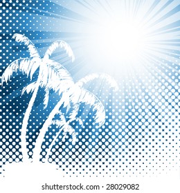 tropical  background with palm trees in retro style with half tone effects