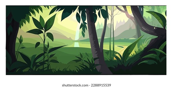 Tropical background with palm trees and sun.Deep jungle.Sky.green landscape

