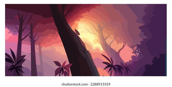 Tropical background with palm trees and sun.Deep red jungle.sunset or sunrise.Sky.green landscape