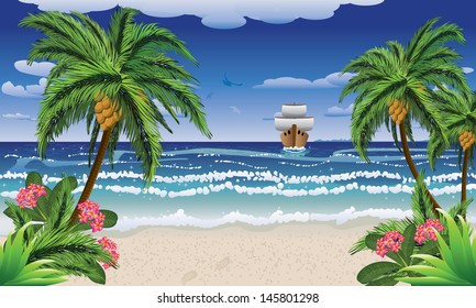 Tropical background with a palms on beach and sailboat.
