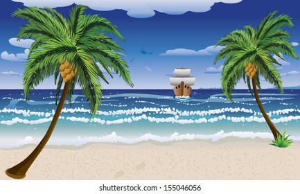Tropical background with a palms on beach and sailboat.