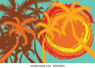 Tropical background with palms and sun