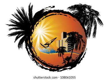 tropical background with palm-trees and surfer