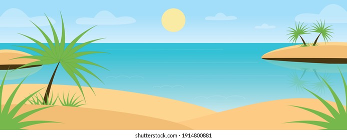 Tropical background. Panorama of a tropical sandy beach, ocean coast with palm trees and islands. Vector image in a flat style. Banner.