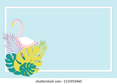  Tropical background in paper art style with plants,  flowers and flamingo. Vector illustration.