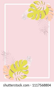  Tropical background in paper art style with plants and,  flowers in pastel colors. Vector illustration.