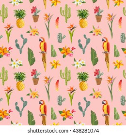 Tropical Background. Parrot Bird, Cactus, Flowers. Seamless Pattern. Vector