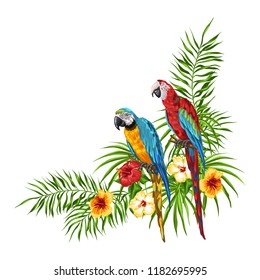 Tropical background with parrots. Palm leaves, hibiscus flowers and exotic birds.