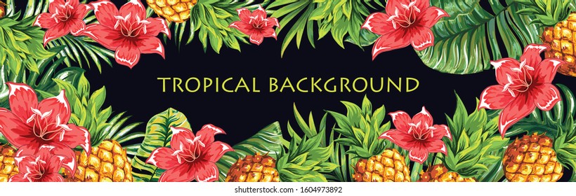 Tropical background. Pineapples with palm leaves and tropical flowers. Graphic pattern design with amazing palms. Fashion, interior, advertising, signboard. Realistic palm leaves and fruits.