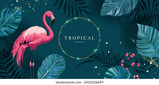 Tropical background with pink flamingos, tropical leaves, flowers and gold sequins. Golden luminous frame. Vector illustration.