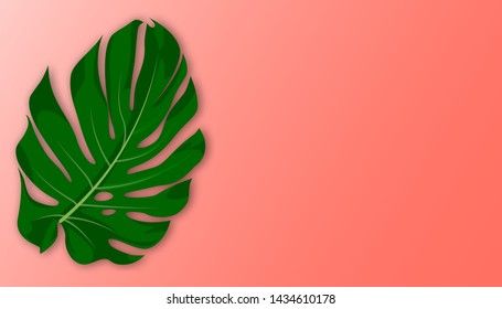 Tropical background with place for text. Tropical leaf on a coral background. Vector illustration EPS10