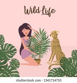 Tropical background with tropical plant, woman and leopard. Be wild, Urban jungle card. Editable vector illustration