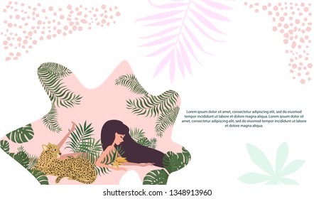 Tropical background with tropical plant, woman and leopard. Be wild, Urban jungle card. Editable vector illustration