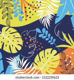 Tropical background with plants and abstraction. Hand draw texture. Vector template. Summer background with exotic leaves. Exotic wallpaper, Hawaiian style.