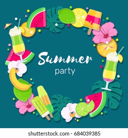 Tropical background with plants, fruits, flowers and cocktail. Summer party card. Vector illustration