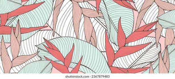 Tropical background with plants and leaves in soft turquoise and pink tones. Botanical background with palm branches for creating various designs, decor, covers, cards and presentations.