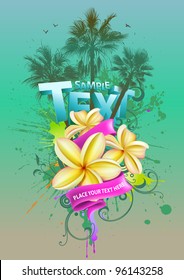 Tropical background with plumeria flowers and palm trees