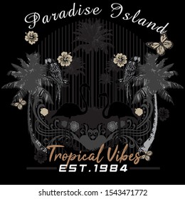 tropical background print design vector graphic butterfly flamingo animal parrot tree flower