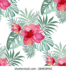 Tropical background with red flowers and palm leaves. Seamless watercolor pattern, vector.