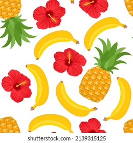 Tropical background. Red hibiscus flower, pineapples and yellow bananas on white. Seamless pattern with exotic fruits. Vector flat illustration.