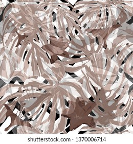 Tropical Background. Repeat Illustration. Exotic Palm Greenery Backdrop. Summer Design for Swimwear. Tropical Flowers and Leaves Background.