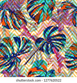 Tropical Background. Repeating Illustration. Exotic Palm Greenery Backdrop. Summer Design for Swimwear. Tropical Flowers and Leaves Background.