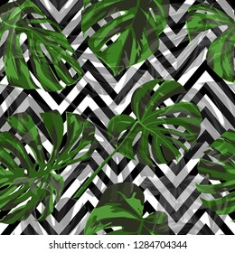 Tropical Background. Repeating Illustration. Summer Design for Swimwear. Exotic Palm Greenery Backdrop. Tropical Flowers and Leaves Background.