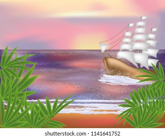 Tropical background with sailing vessel , vector illustration