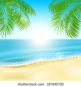Tropical background with sandy beach, sparkling ocean and palms, illustration.