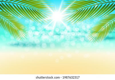Tropical background scenery with sparkling bokeh lights, sunlight and palm leaves