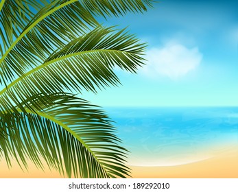 Tropical Background with Sea, Beach and Clouds viewed from behind a Palm Tree