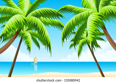 Tropical Background with Sea, Clouds and Palm Tree